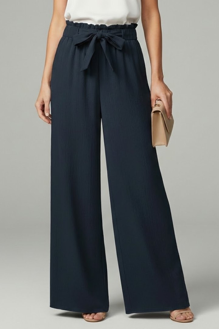 Elegant Tie Belt Palazzo Trousers for Women with Wide Leg Flowing Drape Everyday Style