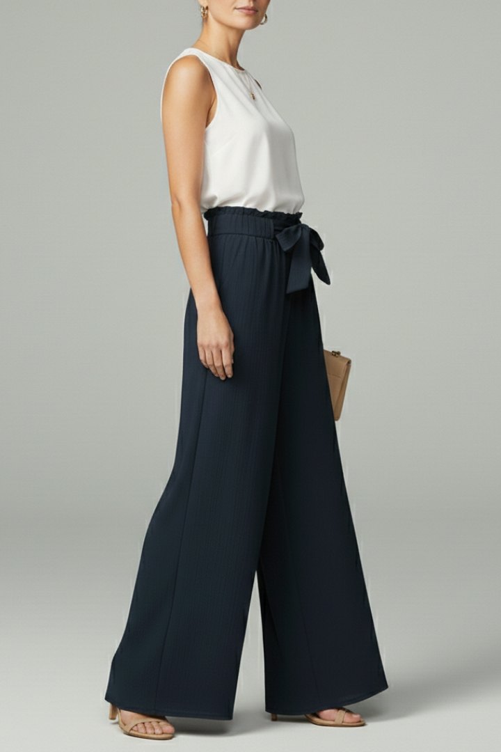 Elegant Tie Belt Palazzo Trousers for Women with Wide Leg Flowing Drape Everyday Style