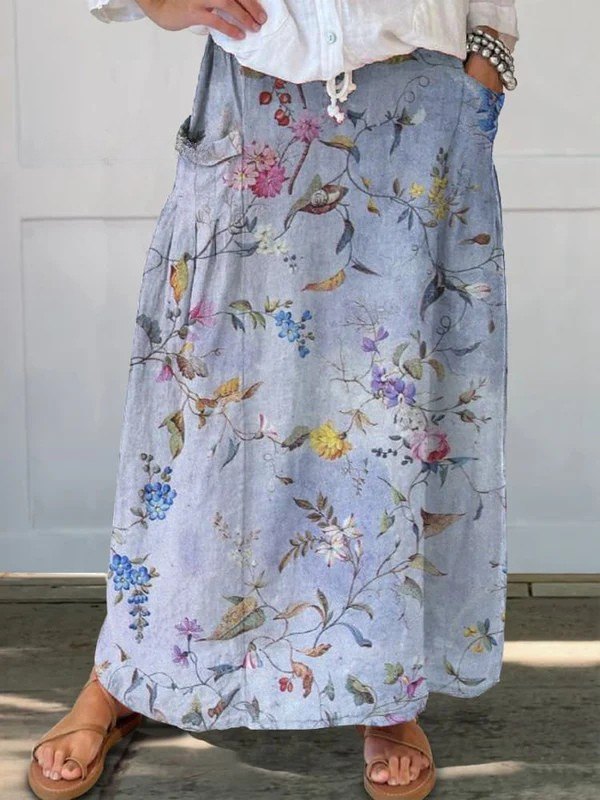 Elegant Violet Print Skirt for Women with Elastic Waist Side Pocket Relaxed Vintage Style