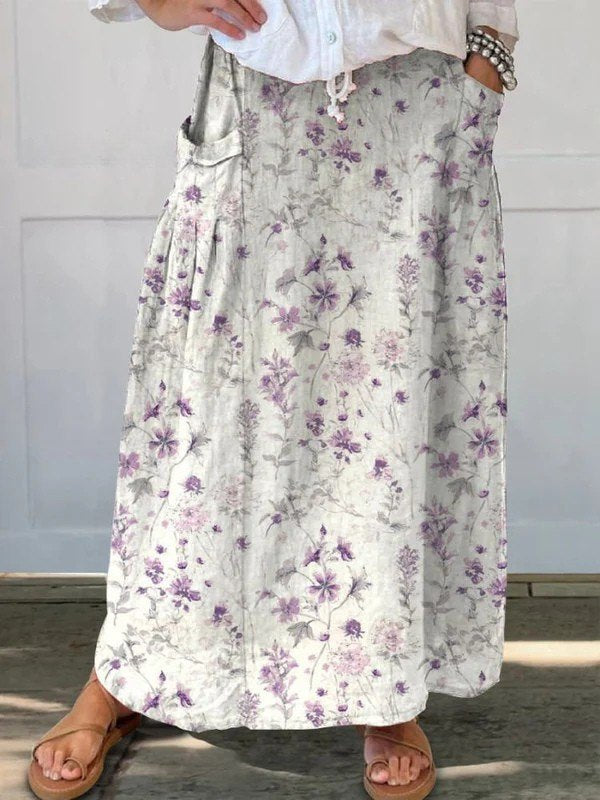 Elegant White Floral Skirt for Women with Elastic Waist Side Pocket A Line Vintage Style