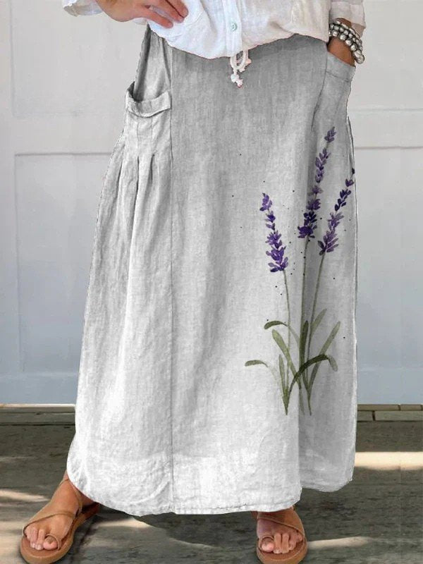 Elegant White Watercolor Floral Skirt for Women with Elastic Waist Pocket A Line Flowing Style